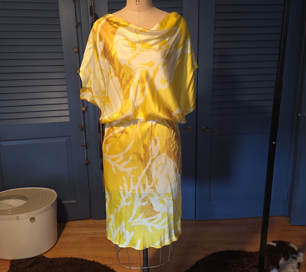 Natori Yellow and White Draped Satin Dress